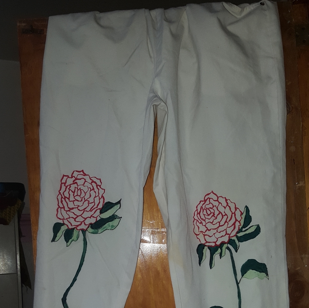 White custom painted painted flower pants